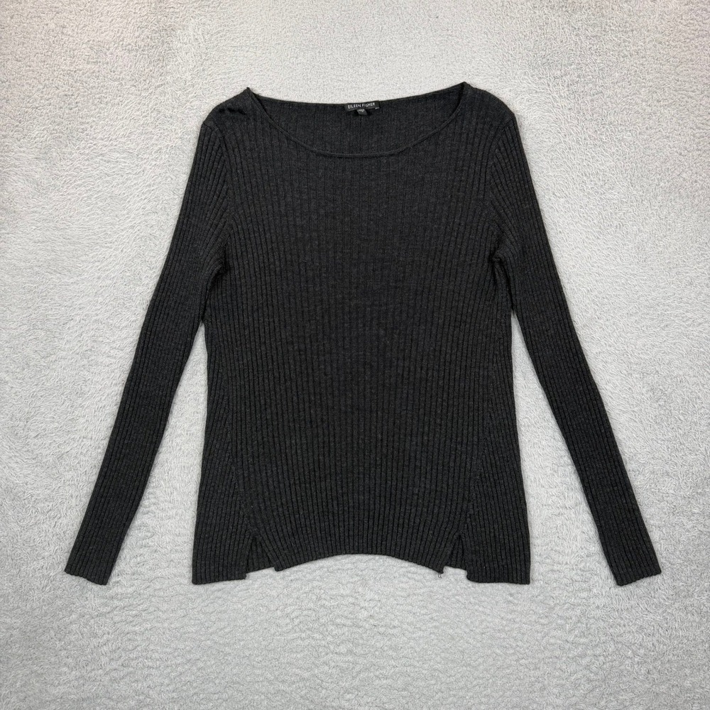 Eileen Fisher Charcoal Gray 100% Merino Wool Ribbed Boat Neck Sweater Small